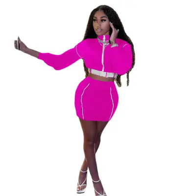 S-2XL Women Fashion Color Blocking Turtle Neck Zipper Top And Skirt Two Pieces Set