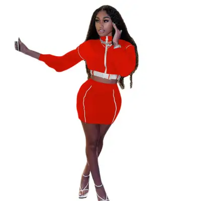 S-2XL Women Fashion Color Blocking Turtle Neck Zipper Top And Skirt Two Pieces Set