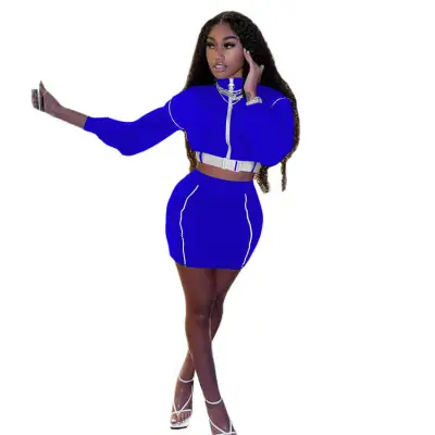 S-2XL Women Fashion Color Blocking Turtle Neck Zipper Top And Skirt Two Pieces Set