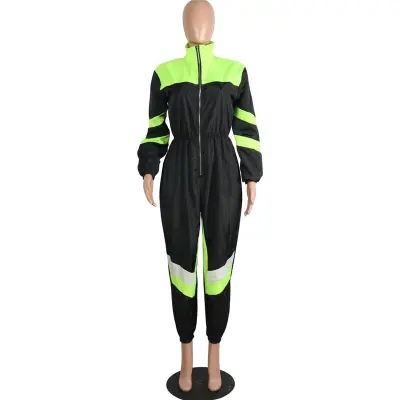 S-2XL Women Casual Lapel Color Blocking Zipper Jumpsuits