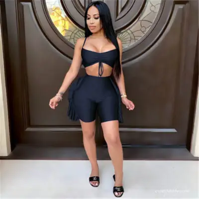 S-2XL Women Fashion Solid Color Crop Top And Skirt Two Piece Set