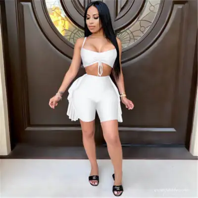 S-2XL Women Fashion Solid Color Crop Top And Skirt Two Piece Set