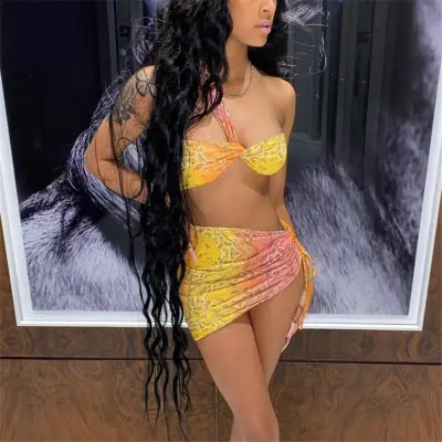 XS-L Women Sexy Graphic Printing Halter Neck Top And Crease Skirt Two Pieces Set