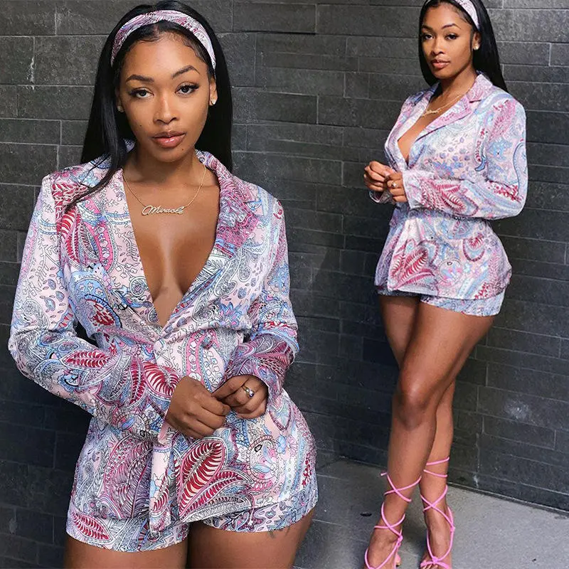 S-XL Women Leaves Printed Blazer And Shorts Two Piece Set