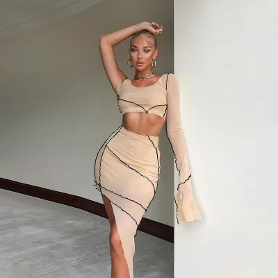S-L Women Fashion Mesh Crop Top And Irregular Hem Skirt Two Piece Set