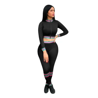S-2XL Women Colored Stripe Long Sleeve V-neck Top And Pants Two Piece Set