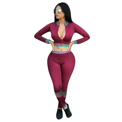 S-2XL Women Colored Stripe Long Sleeve V-neck Top And Pants Two Piece Set