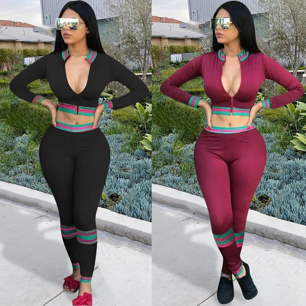S-2XL Women Colored Stripe Long Sleeve V-neck Top And Pants Two Piece Set