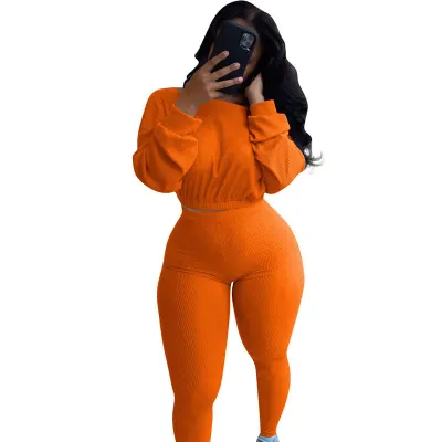 S-2XL Women Fashion Solid Color Rib-knit Top And Pants Two Piece Set