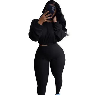 S-2XL Women Fashion Solid Color Rib-knit Top And Pants Two Piece Set