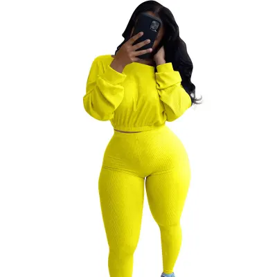 S-2XL Women Fashion Solid Color Rib-knit Top And Pants Two Piece Set