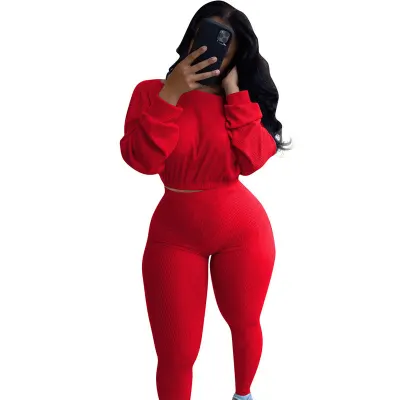 S-2XL Women Fashion Solid Color Rib-knit Top And Pants Two Piece Set
