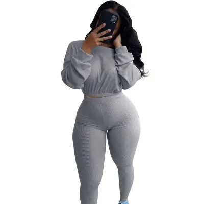 S-2XL Women Fashion Solid Color Rib-knit Top And Pants Two Piece Set