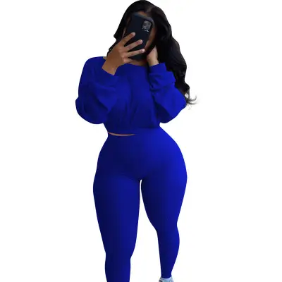 S-2XL Women Fashion Solid Color Rib-knit Top And Pants Two Piece Set