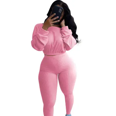 S-2XL Women Fashion Solid Color Rib-knit Top And Pants Two Piece Set