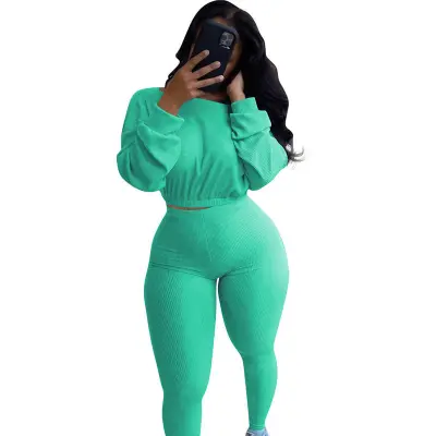S-2XL Women Fashion Solid Color Rib-knit Top And Pants Two Piece Set