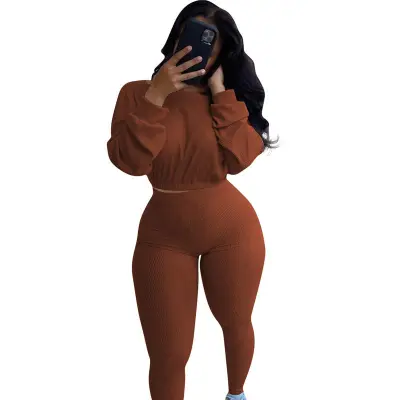 S-2XL Women Fashion Solid Color Rib-knit Top And Pants Two Piece Set