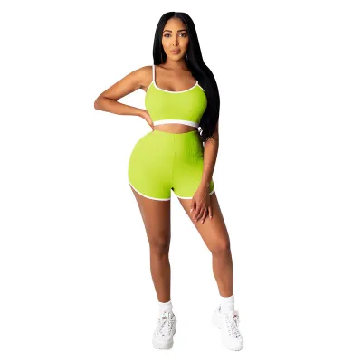 S-L Women Sexy Color Blocking Strap Crop Top And Shorts Two Piece Set