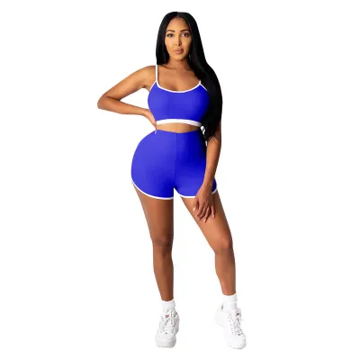 S-L Women Sexy Color Blocking Strap Crop Top And Shorts Two Piece Set