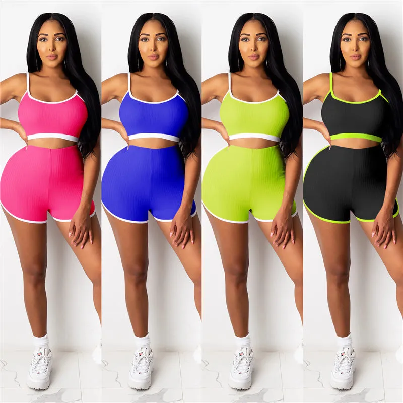 S-L Women Sexy Color Blocking Strap Crop Top And Shorts Two Piece Set