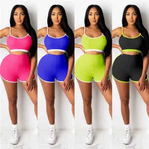S-L Women Sexy Color Blocking Strap Crop Top And Shorts Two Piece Set