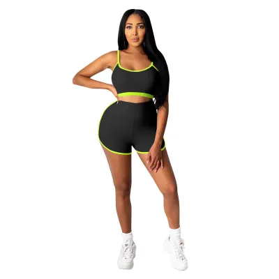 S-L Women Sexy Color Blocking Strap Crop Top And Shorts Two Piece Set