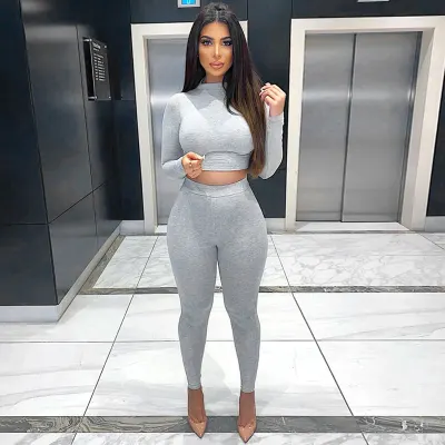 Athleisure Women Solid Color Long Sleeve Top And Pants Sports Two Piece Set