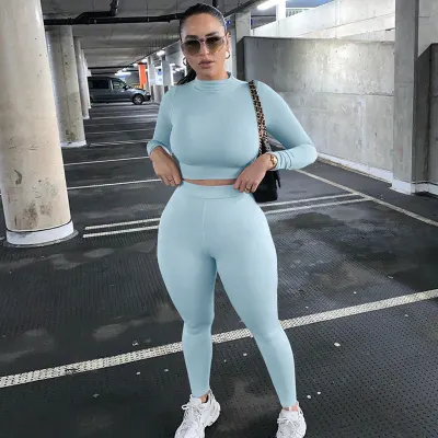 Athleisure Women Solid Color Long Sleeve Top And Pants Sports Two Piece Set