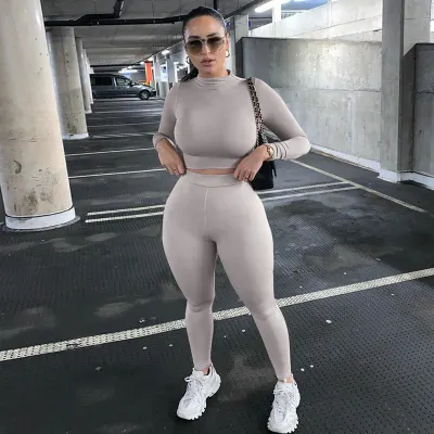 Athleisure Women Solid Color Long Sleeve Top And Pants Sports Two Piece Set