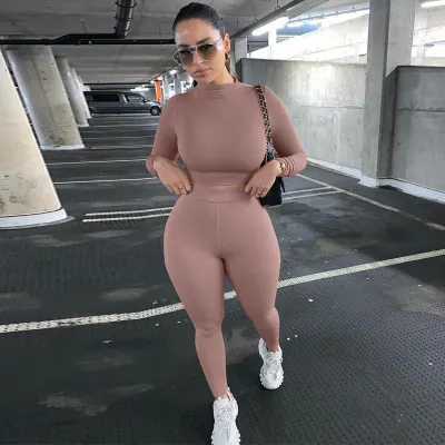 Athleisure Women Solid Color Long Sleeve Top And Pants Sports Two Piece Set