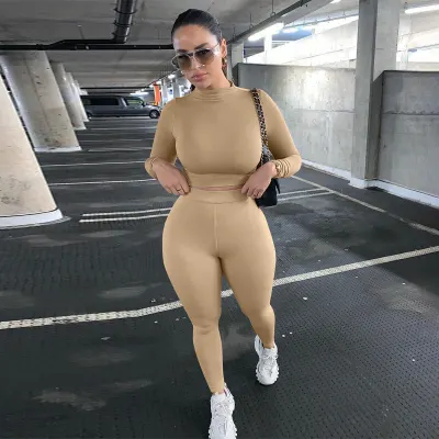 Athleisure Women Solid Color Long Sleeve Top And Pants Sports Two Piece Set