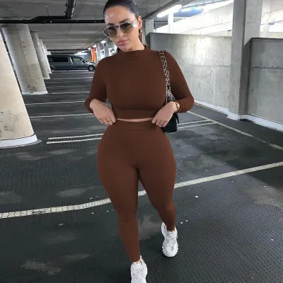 Athleisure Women Solid Color Long Sleeve Top And Pants Sports Two Piece Set