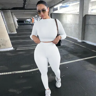 Athleisure Women Solid Color Long Sleeve Top And Pants Sports Two Piece Set