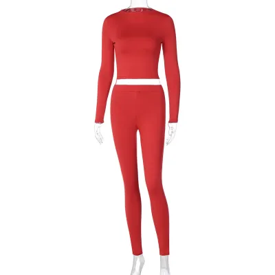 Athleisure Women Solid Color Long Sleeve Top And Pants Sports Two Piece Set
