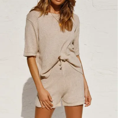 S-XL Women Casual Solid Color Loose T-Shirt And Wide Leg Shorts Two Piece Set