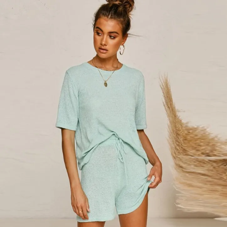 S-XL Women Casual Solid Color Loose T-Shirt And Wide Leg Shorts Two Piece Set