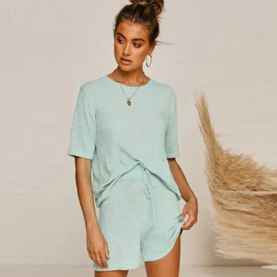 S-XL Women Casual Solid Color Loose T-Shirt And Wide Leg Shorts Two Piece Set