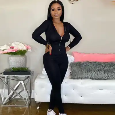 S-XL Women Fashion Solid Color Zipper Hooded Jumpsuits