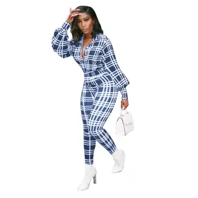 S-2XL Women Fashion Plaid Printing Lapel Jumpsuits