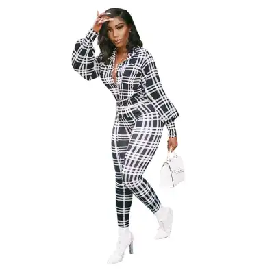 S-2XL Women Fashion Plaid Printing Lapel Jumpsuits