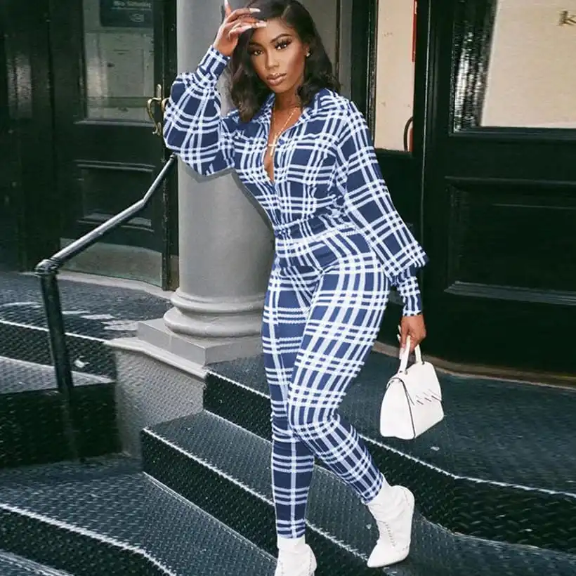 S-2XL Women Fashion Plaid Printing Lapel Jumpsuits