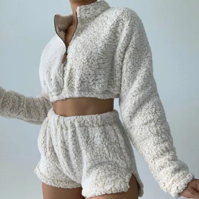 S-XL Women Fashion Solid Color Turtle Neck Plush Top And Shorts Set