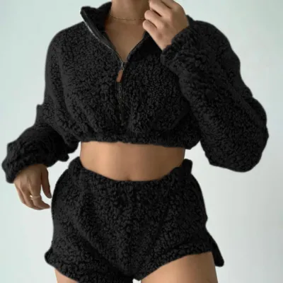 S-XL Women Fashion Solid Color Turtle Neck Plush Top And Shorts Set