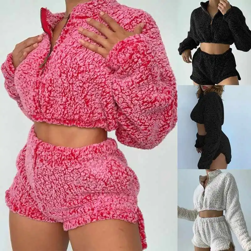 S-XL Women Fashion Solid Color Turtle Neck Plush Top And Shorts Set