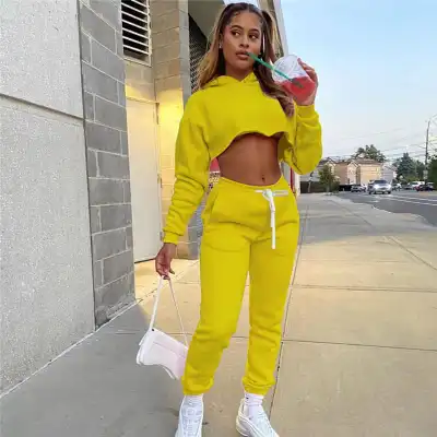 Athleisure Women Fashion Solid Color Cropped Hoodie And Sweatpants Two Piece Set