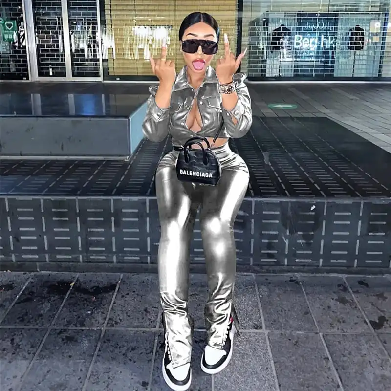 S-3XL Women Fashion Solid Color Lapel PU Leather Blouse And Pants Two Pieces Set