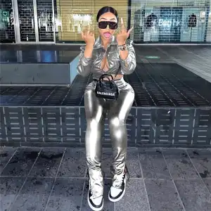 S-3XL Women Fashion Solid Color Lapel PU Leather Blouse And Pants Two Pieces Set