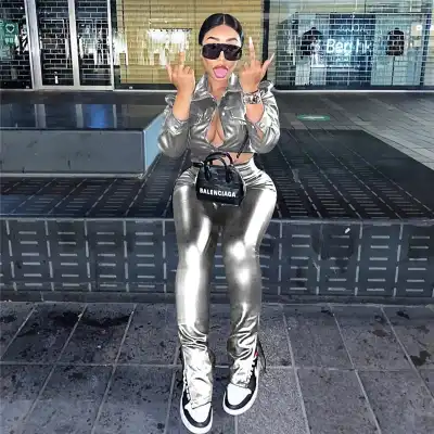 S-3XL Women Fashion Solid Color Lapel PU Leather Blouse And Pants Two Pieces Set