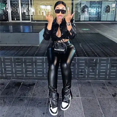 S-3XL Women Fashion Solid Color Lapel PU Leather Blouse And Pants Two Pieces Set