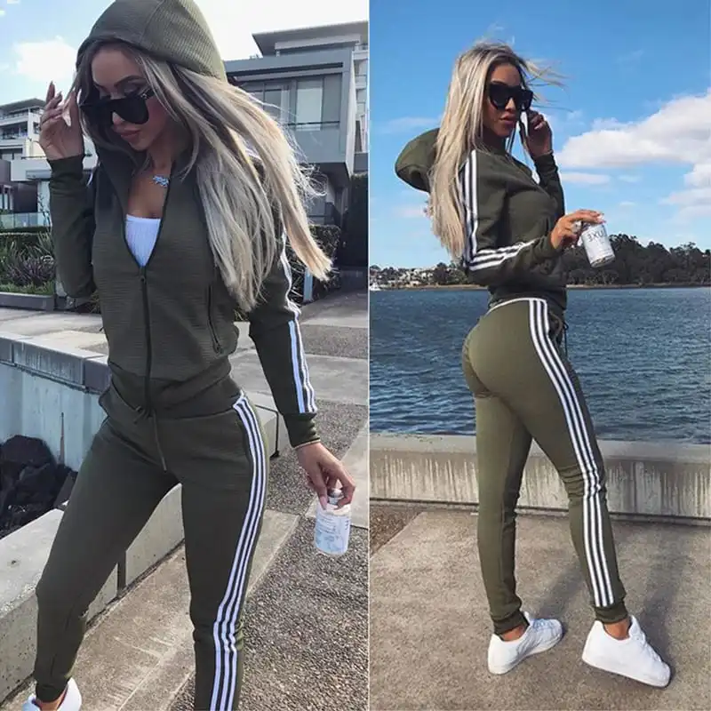 S-3XL Women Color Blocking Hoodie And Straight Pants Two Pieces Set